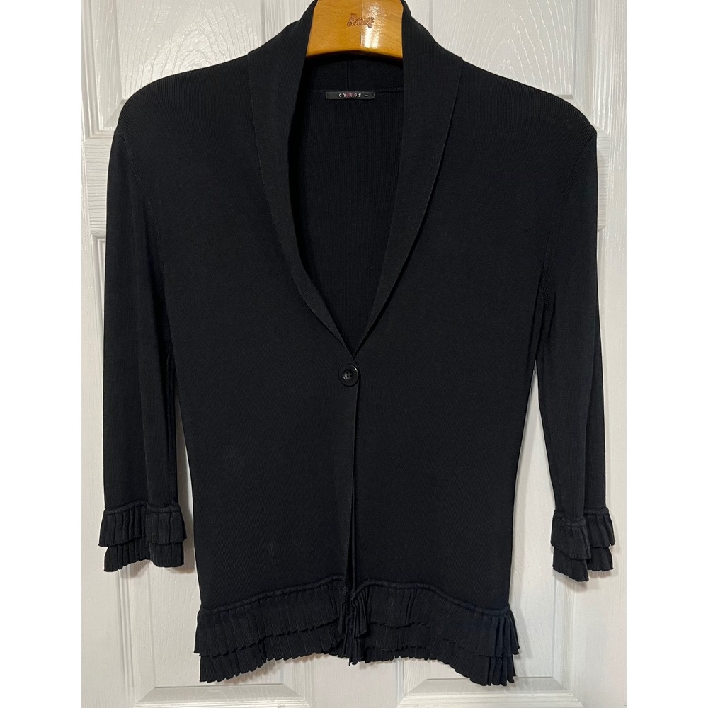 Cyrus Black Cardigan Sweater Ruffle Trim 3/4 Sleeve Button Up Knit Top